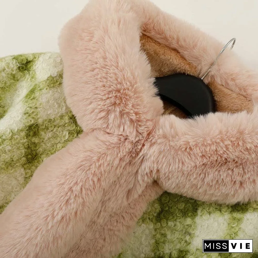 Plaid Print Furry Collar Fringed Casual Hooded Cloak Coat