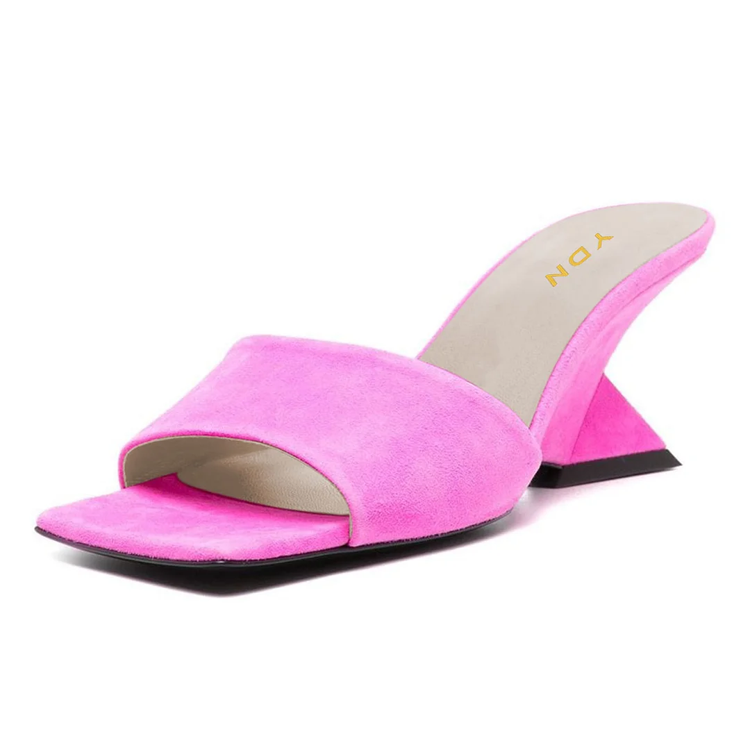 Pink Vegan Leather Open Square Toe Sculptural Heel Mules Sandals