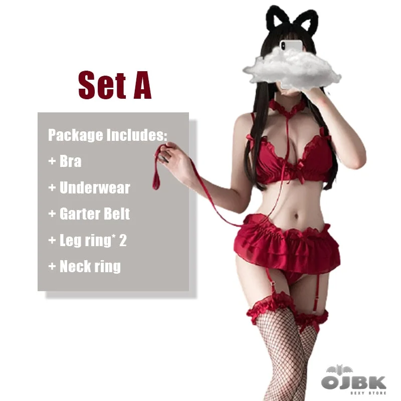 Sexy Lingerie For Women Red Chiffon Lace Underwear Erotic Outfit Couple Cosplay Costumes With Leadchain Bra Panties Set 2021 New