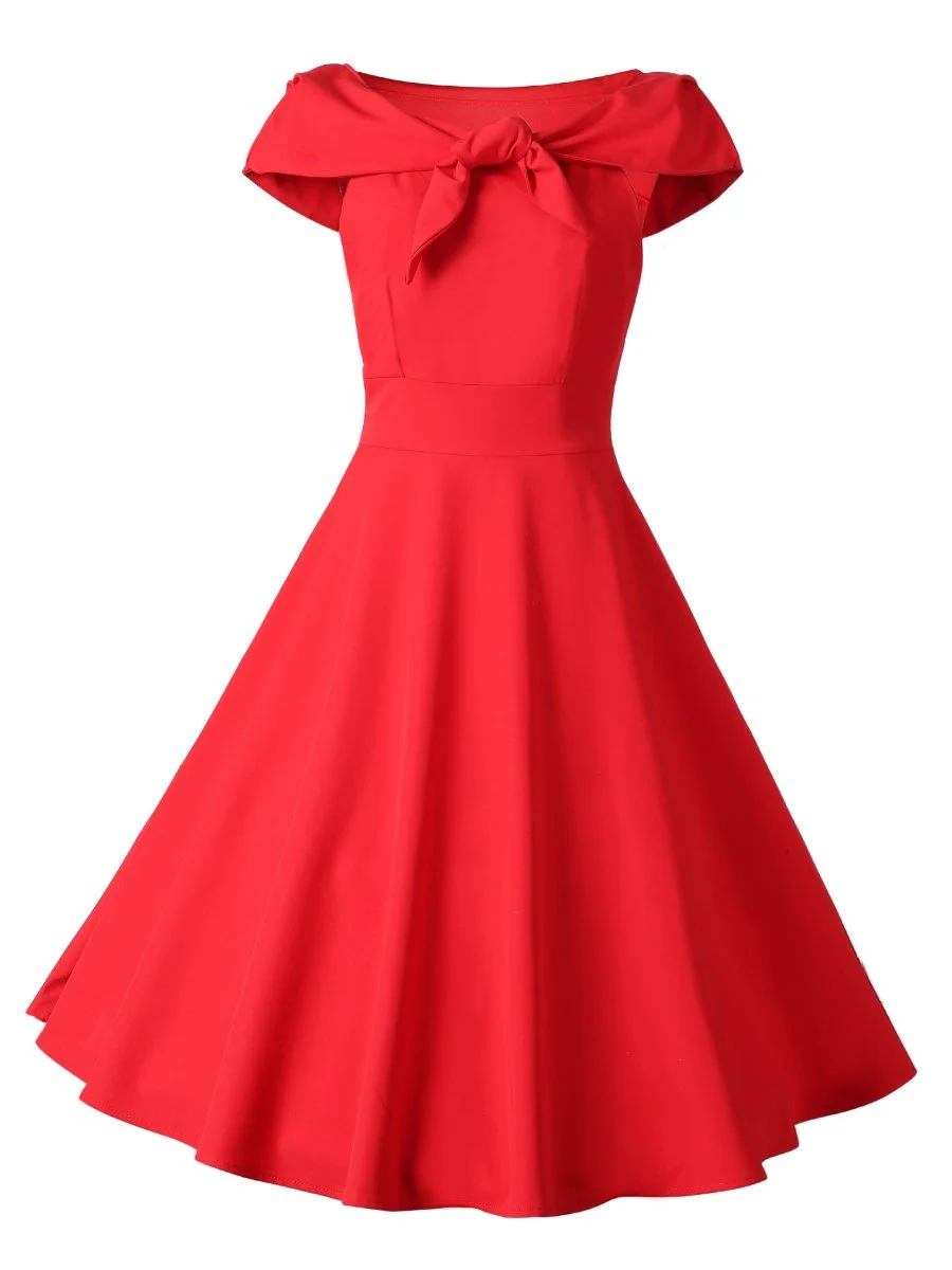 Red Dress For Women Bowknot Lapel Neck Solid Color Swing Dresses