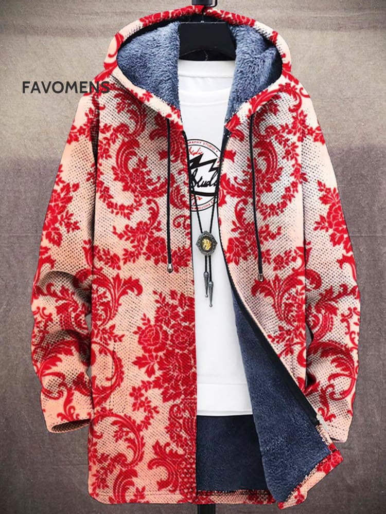 Unisex Plush Vintage Paisley Gothic Red Textured Print Thickened Long Sleeve Sweater Cardigan