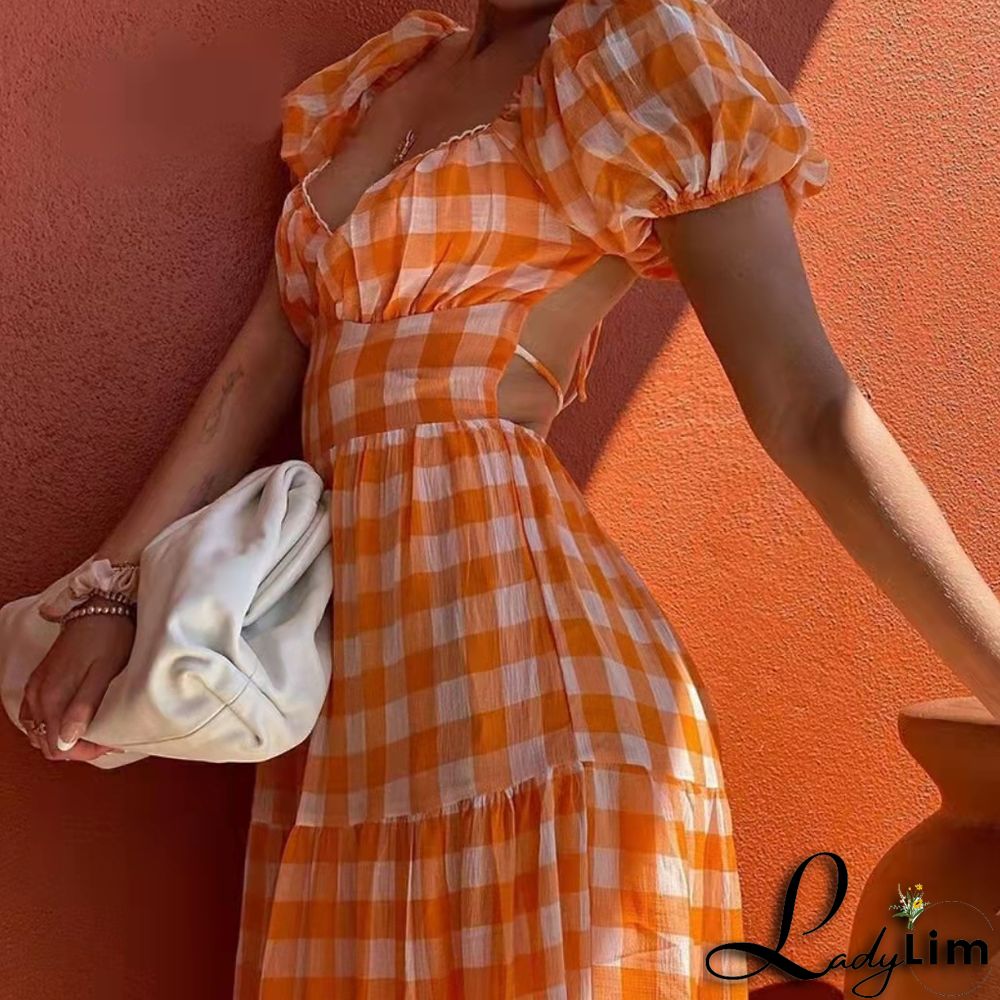 Summer Women's Square Neck Plaid Print Sexy Low Back Ruffle Puff Sleeve Dress