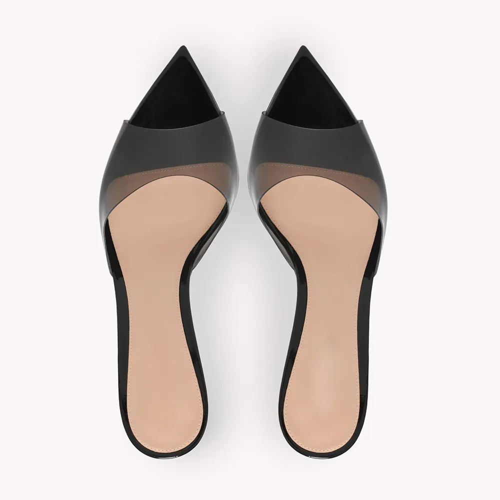 Women's Black PVC Mid Stiletto Heel Pointy Toe Mules Shoes