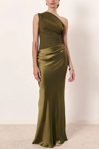 Women's One Shoulder Pleated Maxi Dress