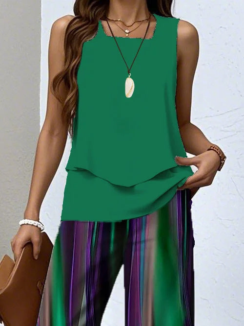 Women's Sleeveless Square Collar Striped Graphic Printed Casual Set