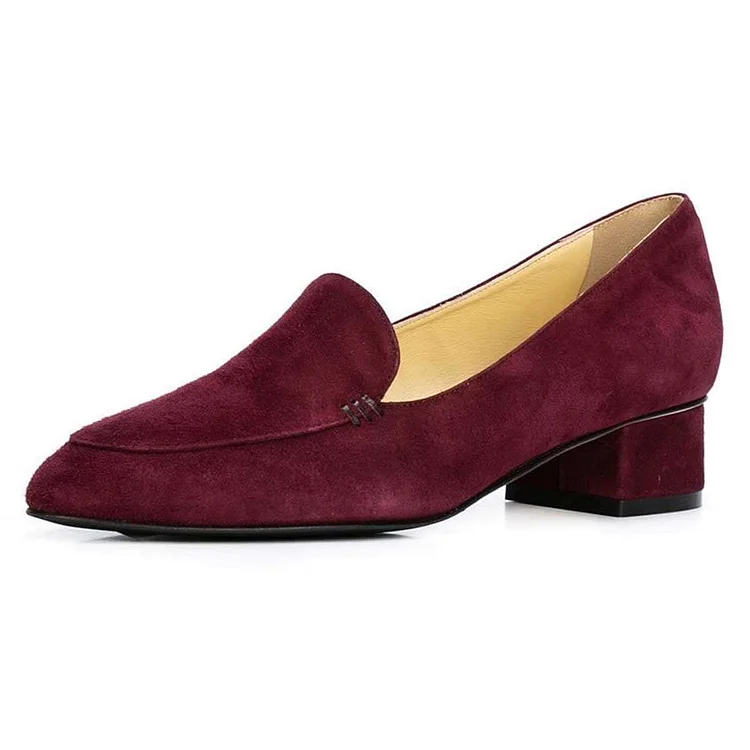 Burgundy Vegan Suede Block Heel Loafers for Women |FSJ Shoes