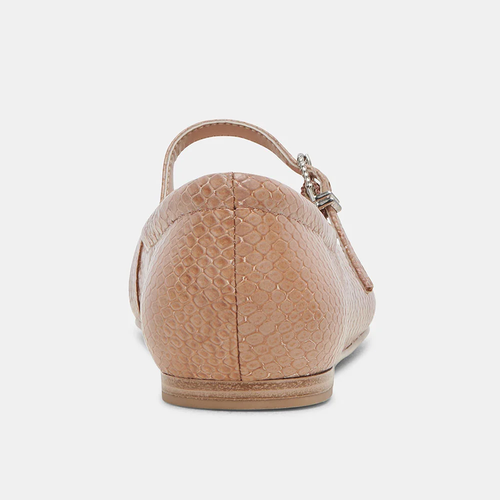 Nude Snakeskin Embossed Square Toe Buckle Strap Flat Shoes Women