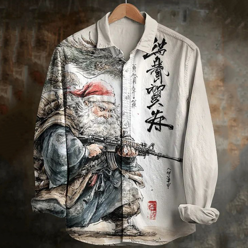 Men's Retro Oriental Art Dragon Santa Claus Print Long Sleeve Shirt elevenforest