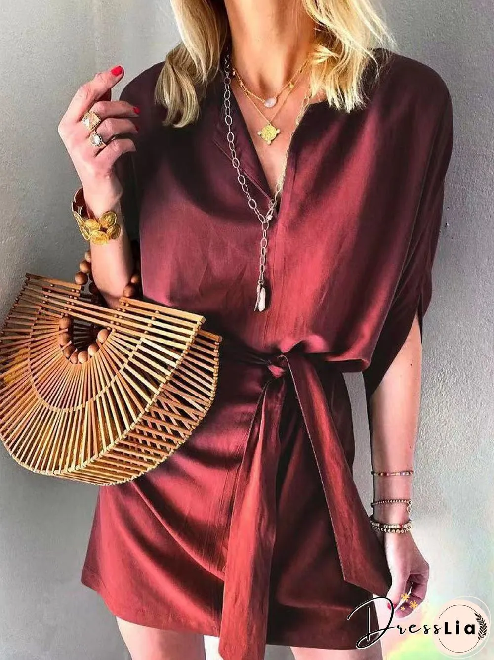 Women'S Dresses Casual Solid Tie Mid Sleeve Dress