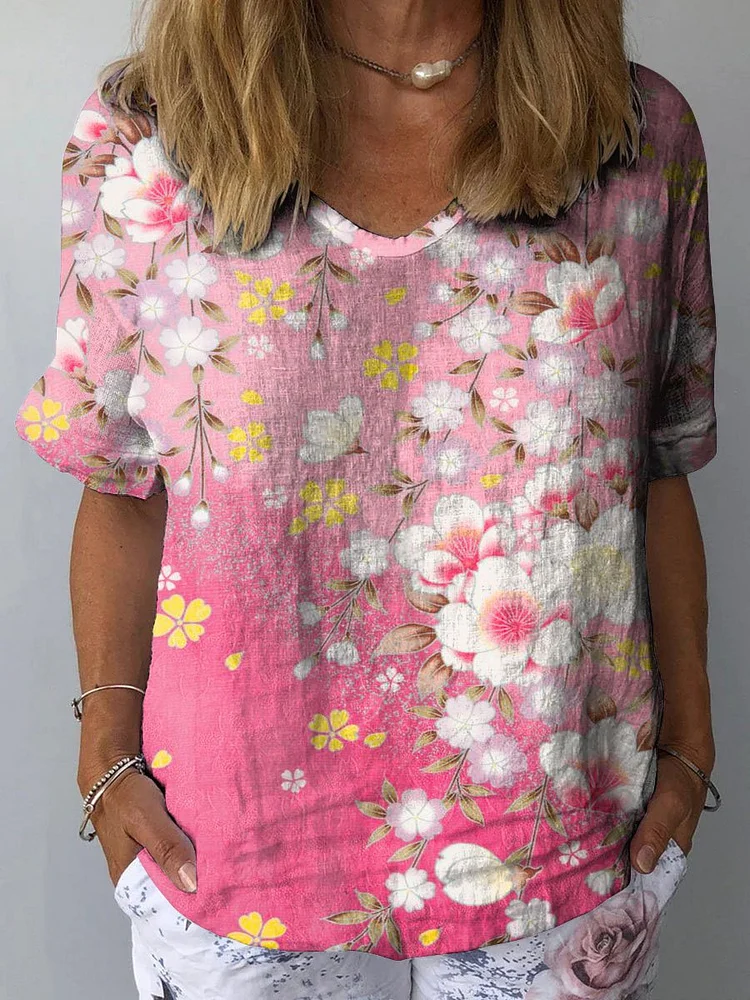 Women's Vintage Lovely Floral Art Print Casual Cotton And Linen Shirt