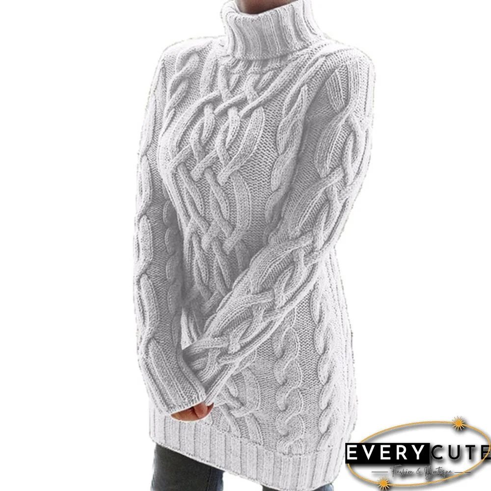 White Turndown Collar Long Sleeve Sweater Dress