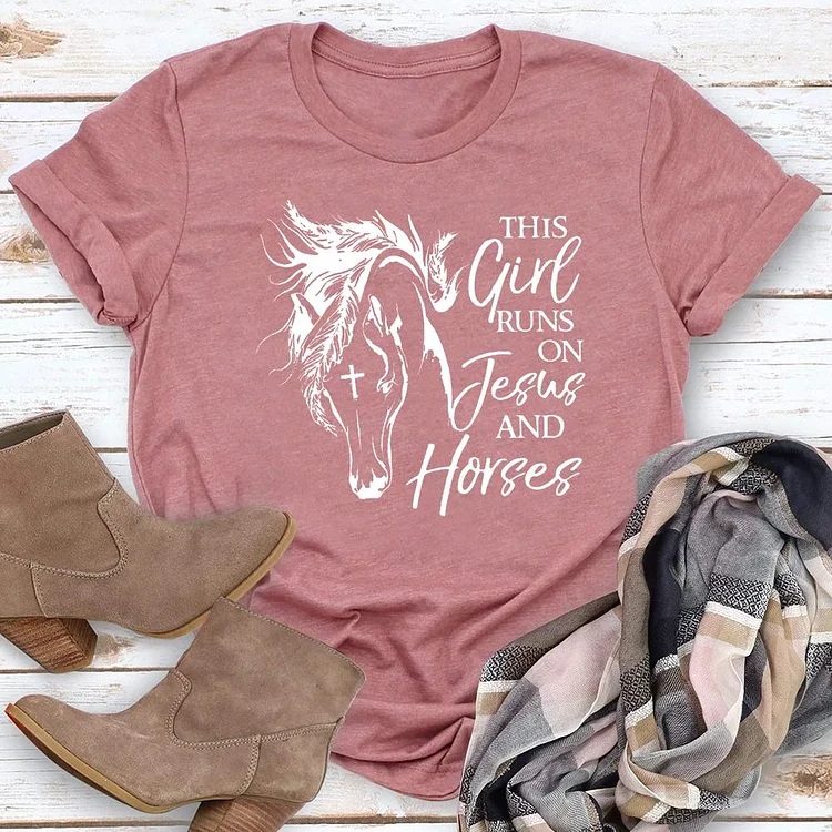 This Girl Runs On Jesus And Horses Round Neck T-shirt