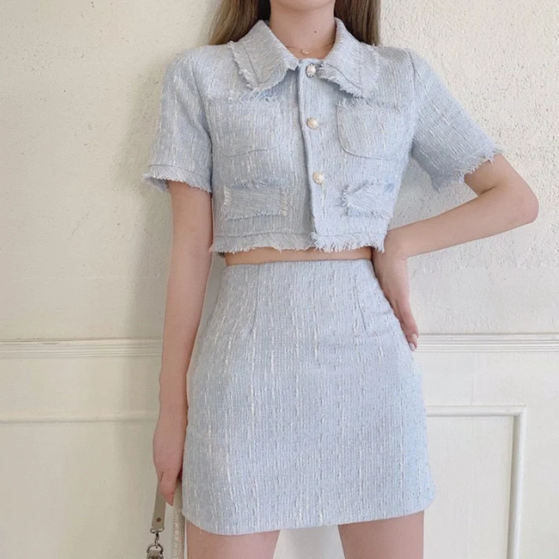 High Quality Female Elegant Skirt Suit 2022 New Fashion Tweed Two Piece Set Women Crop Top Mini Skirt Set Two Piece Outfits