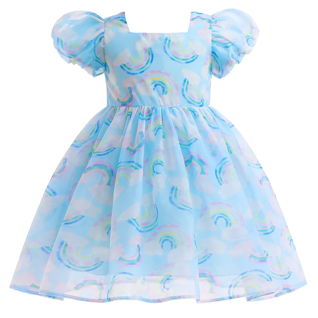 Buzzdaisy Rainbow Princess Dress For Girl Square Neck Bow-Knot Aline Dress Cap Sleeve Christmas Party Cotton Vintage Skirt Christmas Gifts
