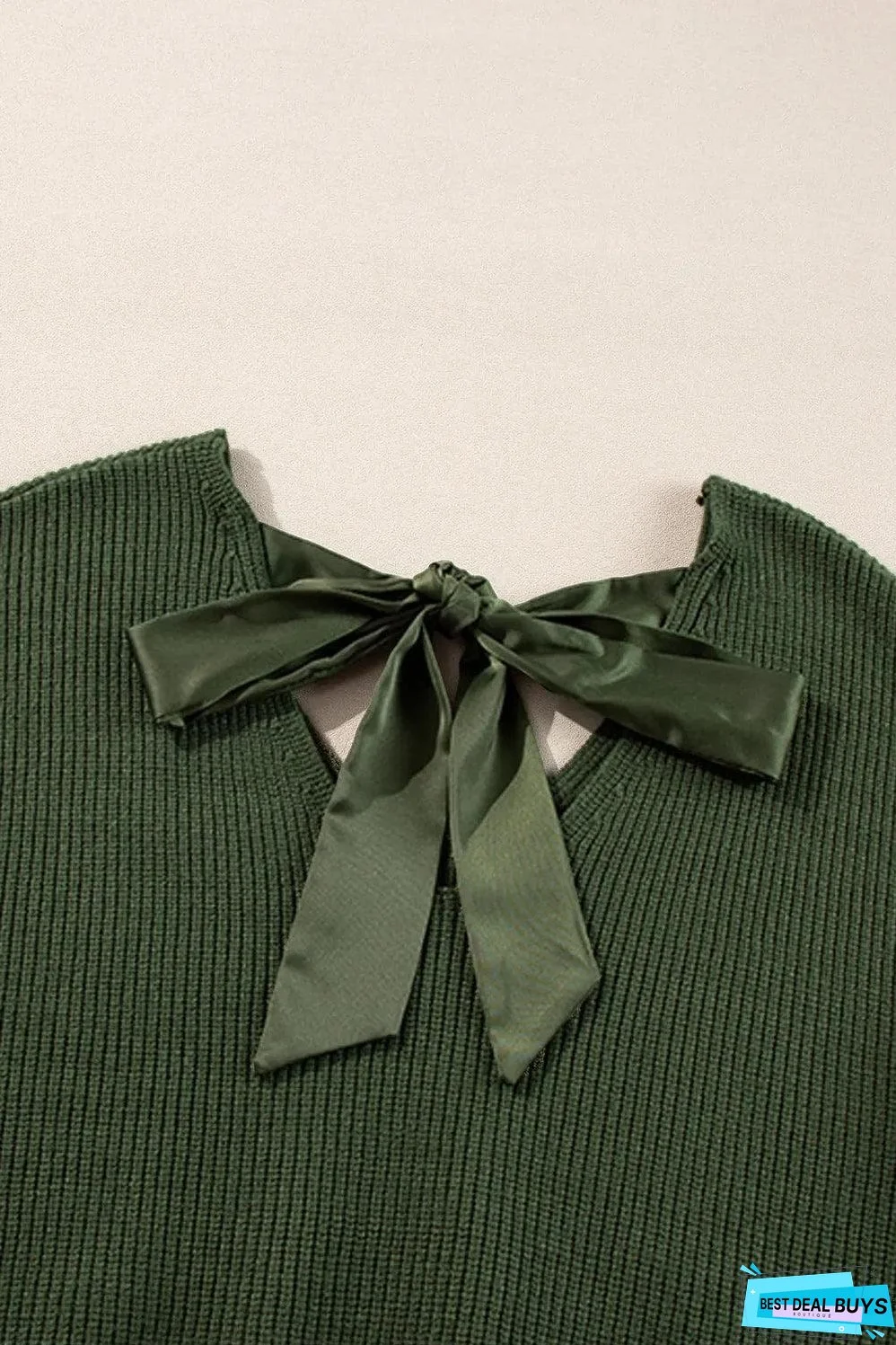 Jungle Green Lantern Sleeve V Neck Knot Back Sweater