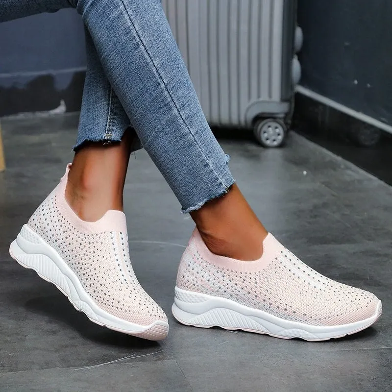 Lucyever Shiny Crystal Flats Shoes for Women Spring Autumn Breathable Soft Bottom Shoes Woman Plus Size Slip on Casual Sneakers