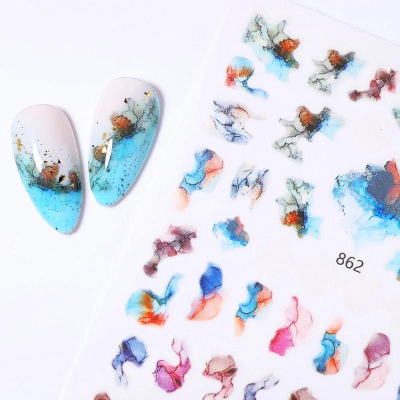 Ripple Marble Blooms Stickers For Nails Manicures Japanese Color Stitching Design Nails Art Stickers Adhesive Tape Decoration