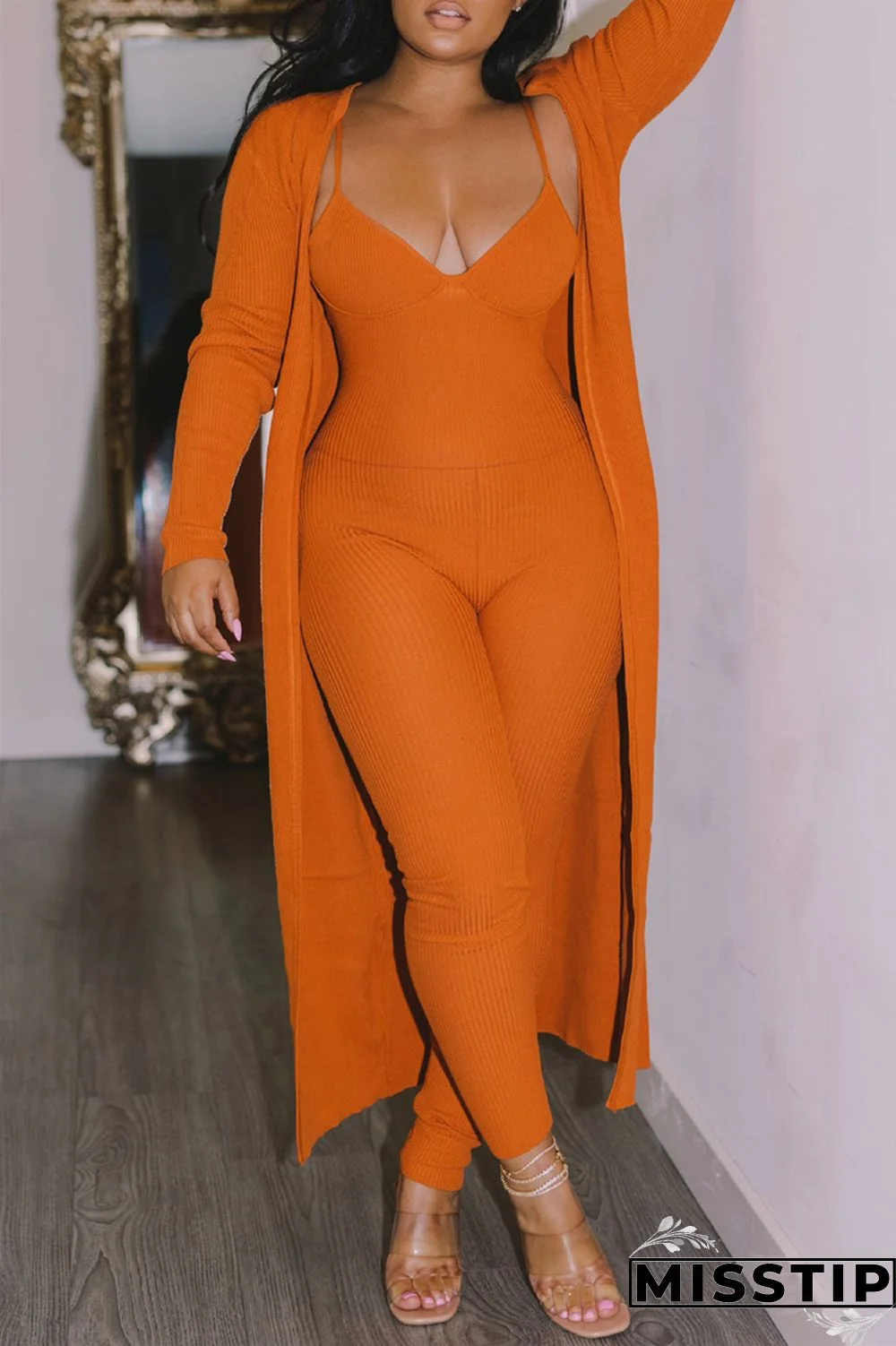 Red Fashion Casual Solid Cardigan V Neck Long Sleeve Two Pieces