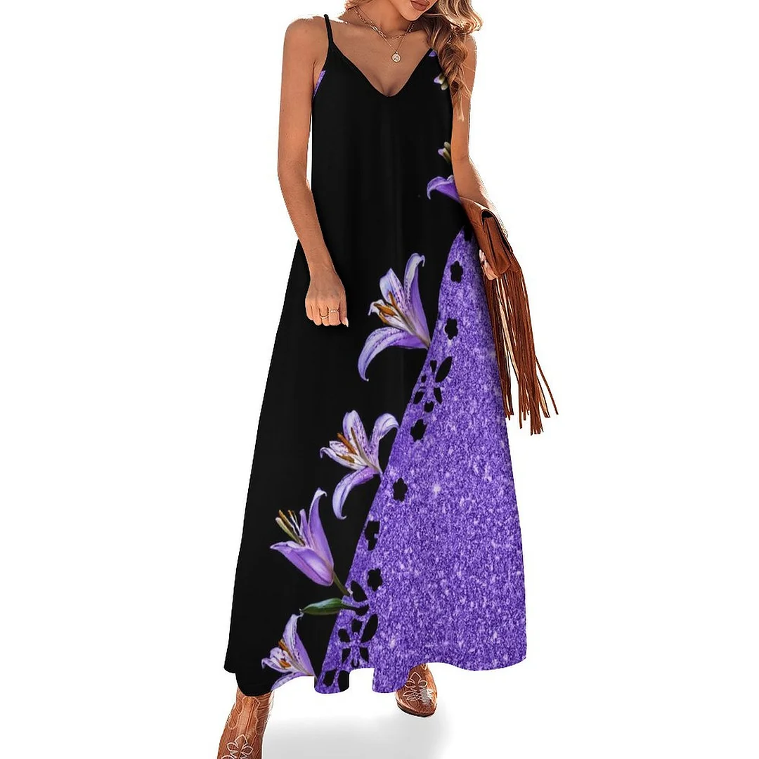 Style & Comfort for Mature Women Plus Size Printed Sling Casual Women Maxi Dress in Pattern Purple, Floral, Glitter