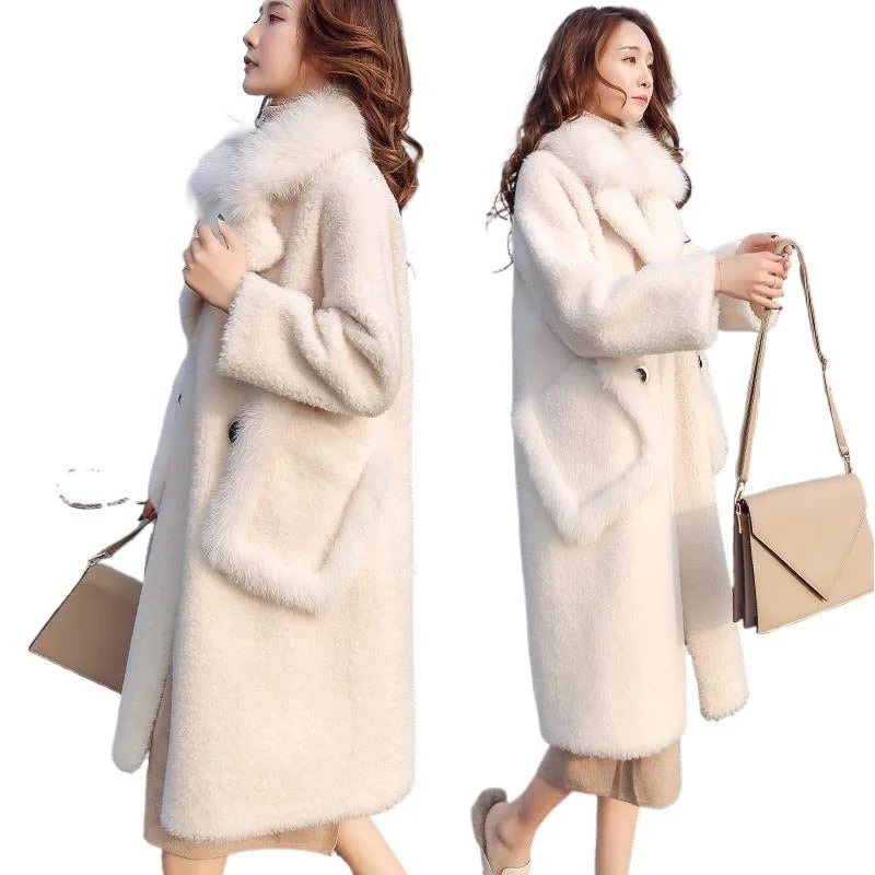 Casual 2021 Fashion Winter New Lamb Fur Imitation Fur Coat Women's Medium And Long Korean Loose Casual White Wool Collar Coat