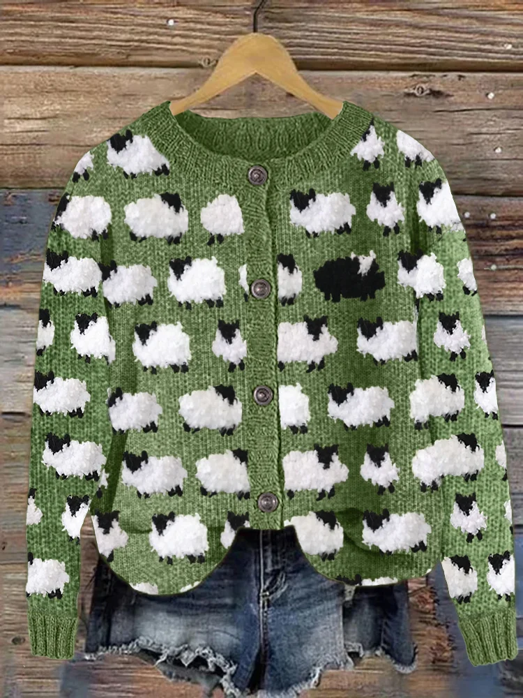 VChics Vintage Fuzzy Sheep Fleece Pattern Cozy Knit Cardigan