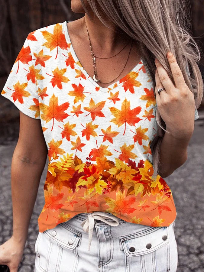 Women's Maple Leaf Print Casual V-Neck Tee