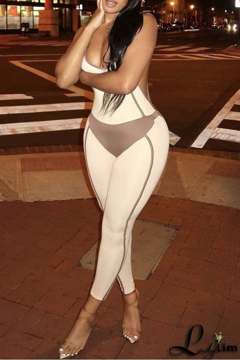 Khaki Sexy Casual Sportswear Solid Split Joint Backless U Neck Skinny Jumpsuits