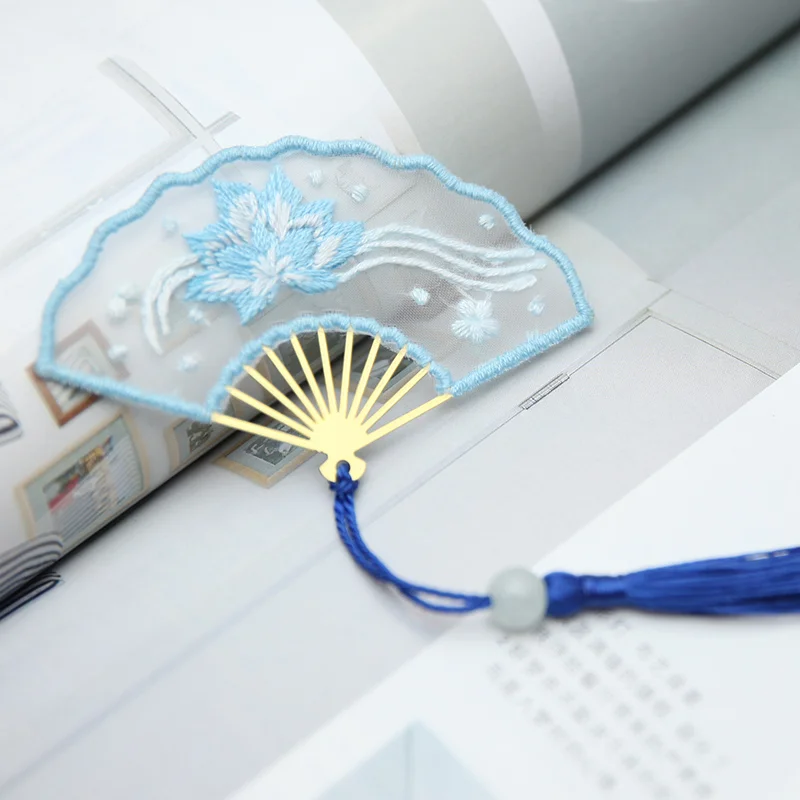 Chinese Style Fan Shape Embroidery Flowers Cross Stitch Tassel Bookmark