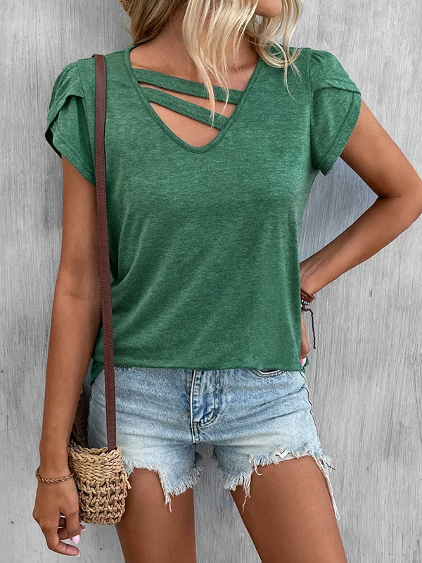 Solid Color Loose Short Sleeves V-neck T-Shirts Tops