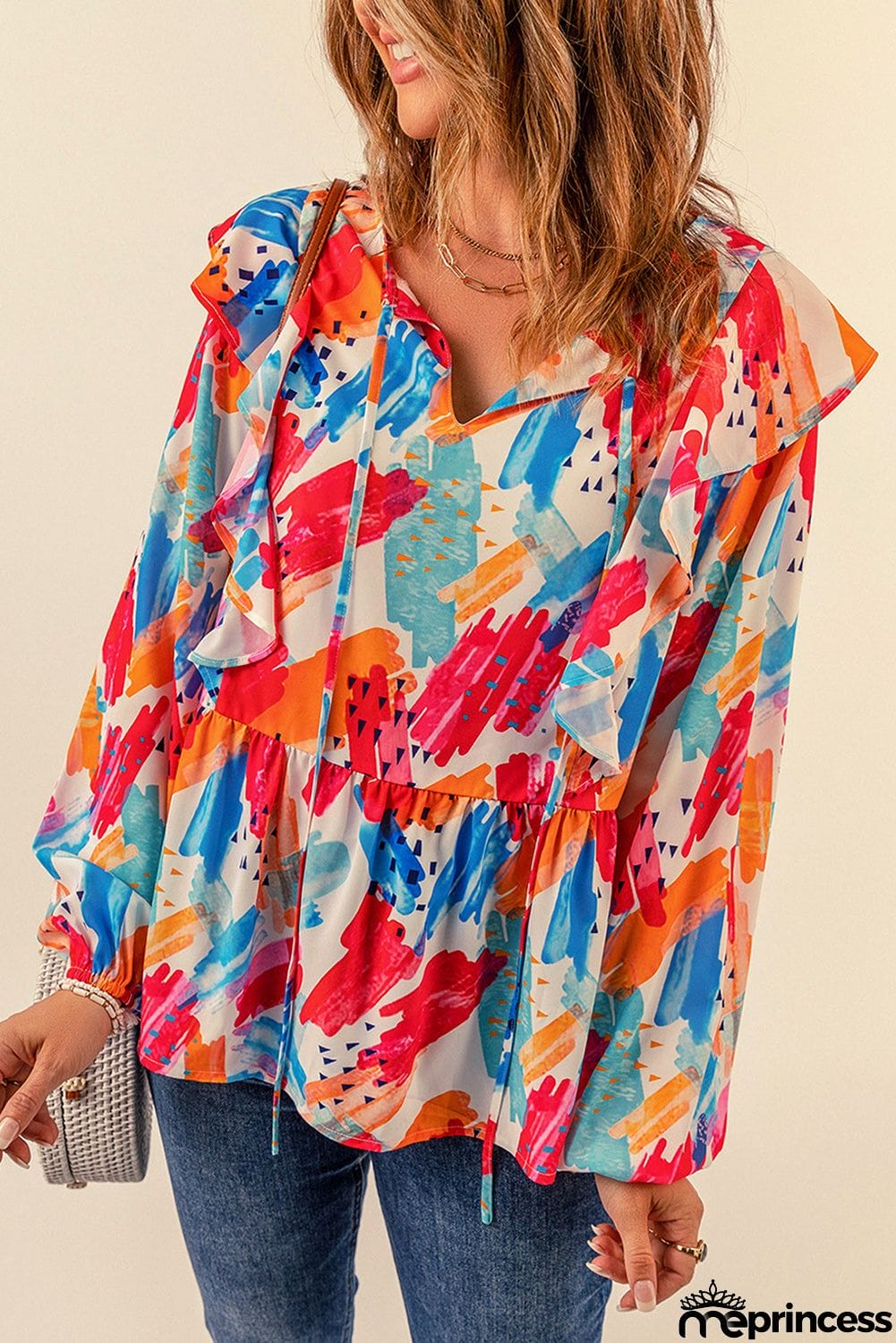 color Paint Print Ruffled Detail Loose Blouse
