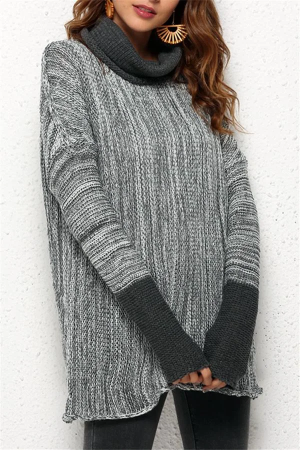 Spliced Turtleneck Loose Pullover Sweater - Brown