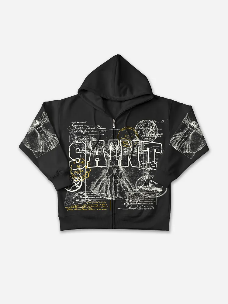 Saints Stamp Collage Vitruvian Man Vintage Art Graphic Zippered Hoodie