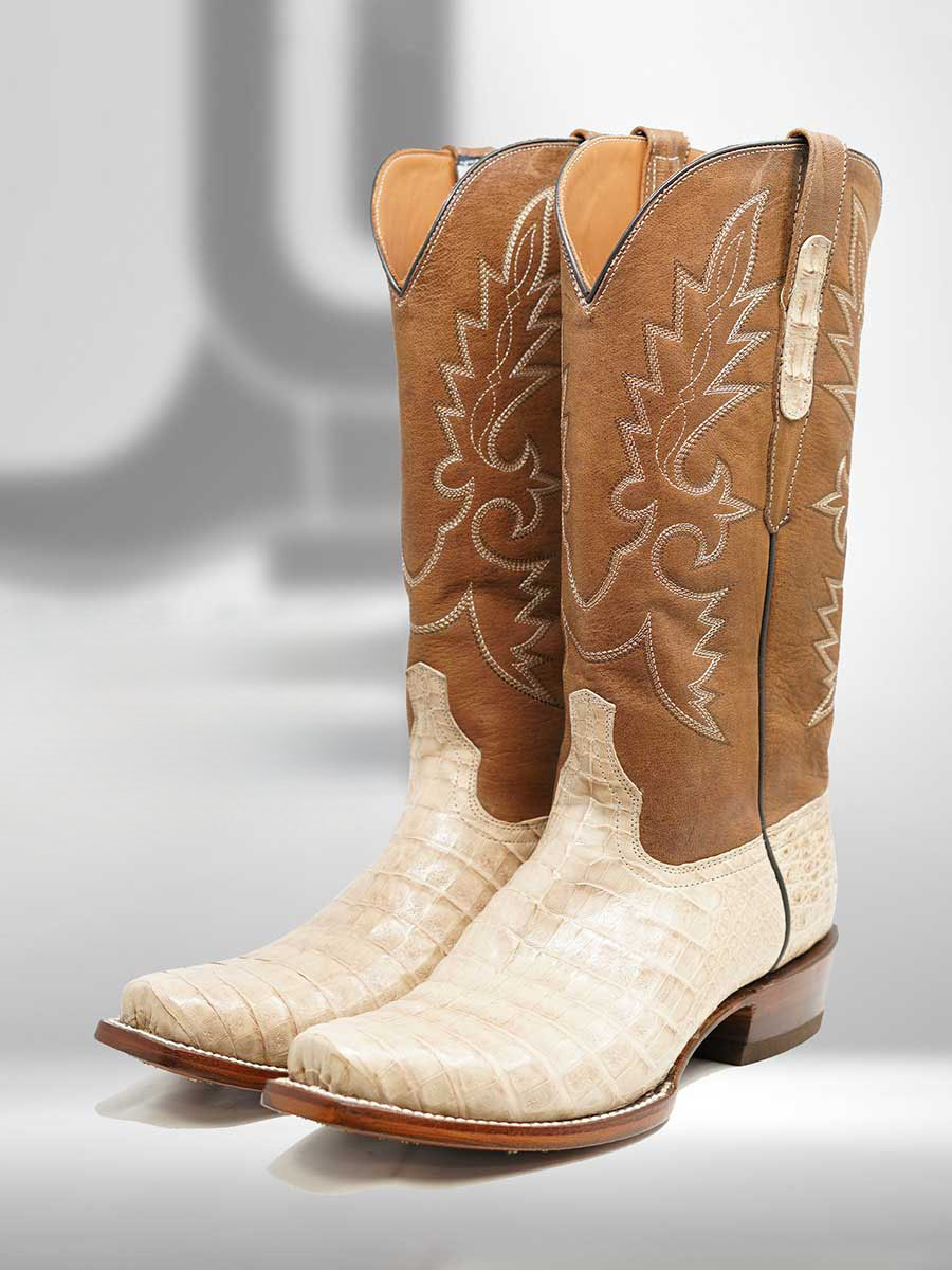 Beige & Tan Croco Embossed Snip Toe Embroidered Mid-Calf Cowgirl Boots