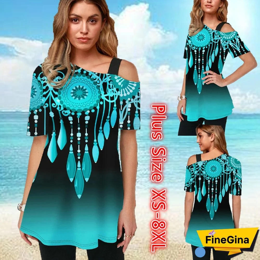 Womens Tops Femme Blouse Tribal Print Short Sleeve Gradient T Shirt Plus Size XS-8XL
