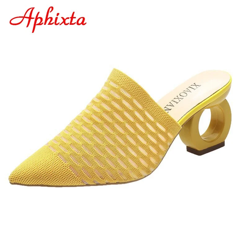 Aphixta Air Mesh Stretch Fabric Shoes Women Slippers Pointed Toe Strange Style Heel Mules Shoe Slides Flip Flop Big Size 43