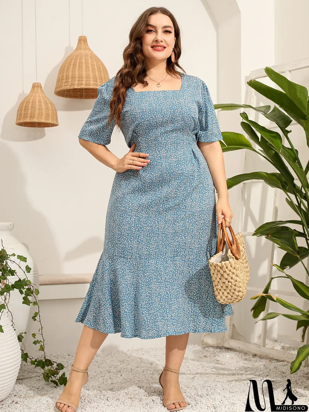 MidiSono - Summer Plus Size Women Square Neck Short Sleeve Floral Mermaid Dress
