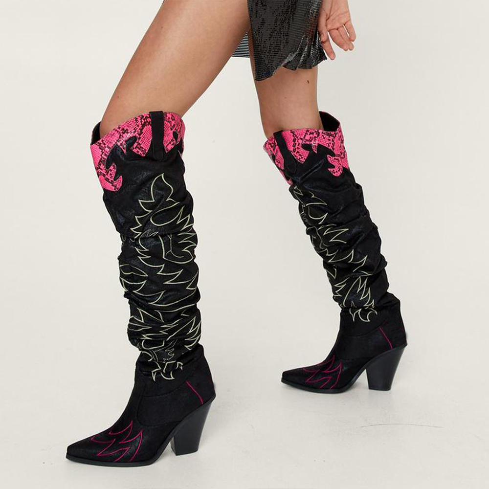 Black Red Stitching Knee High Boots Wrinkle Western Boots