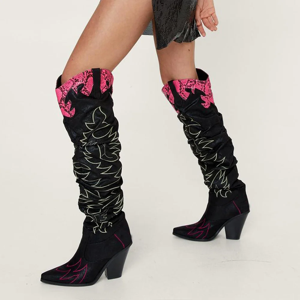 Black Red Stitching Knee High Boots Wrinkle Western Boots