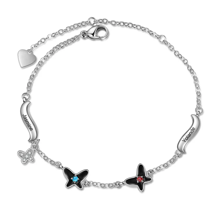 Personalized Butterfly Bracelet Custom 2 Birthstones Bracelet for Her