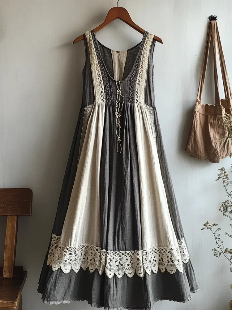 Retro Lace Patchwork Comfy Linen Tank Dress