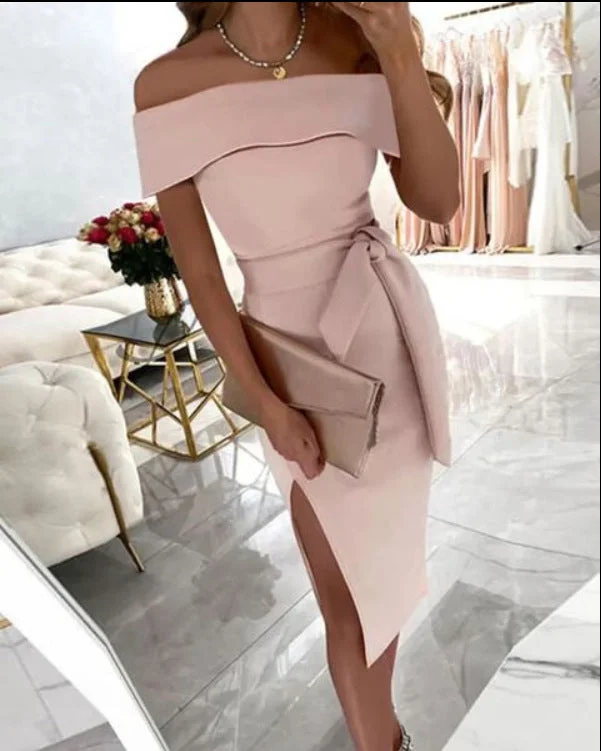 Brownm Off-neck Solid Mid Waist Color Lace-up Regular Dress