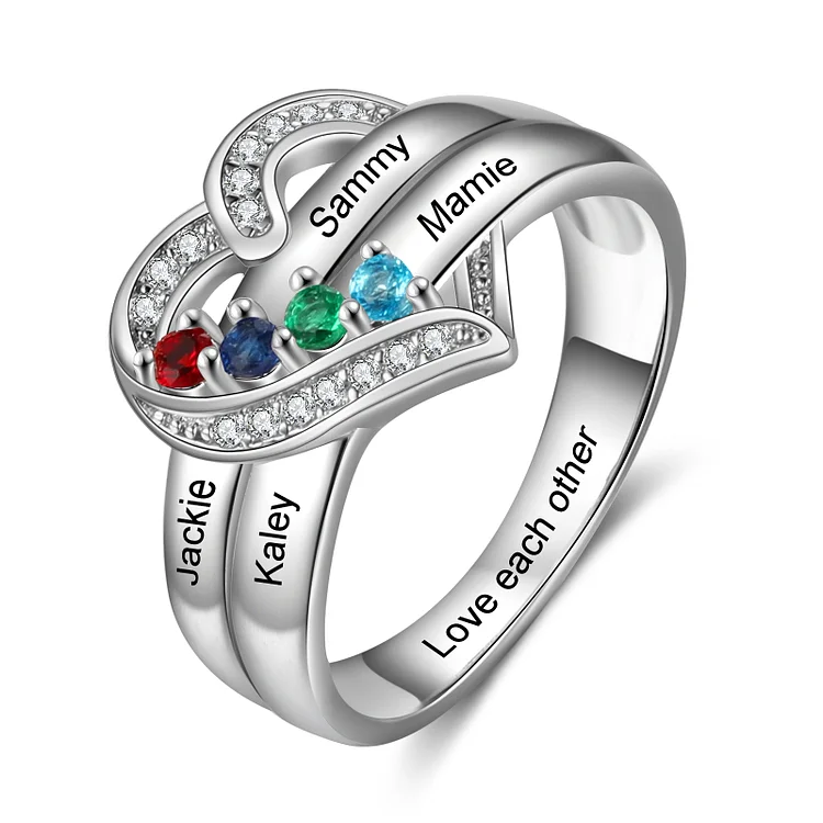 S925 Silver Personalized Mother Ring with 4 Birthstones Heart Family Ring