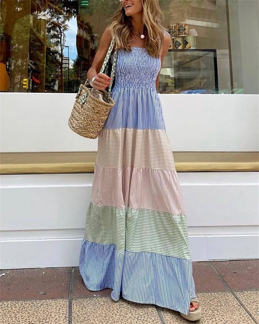 Casual Paneled Color Stripe Print Dress