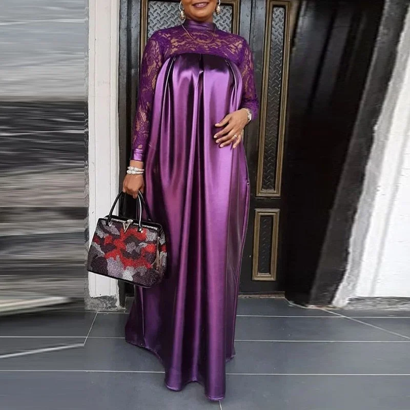 VONDA Women Lace Patchwork Maxi Dress 2022 Fashion Long Sleeve Stand Collar Vintage Long Dresses Casual Satin Silk Party Robe