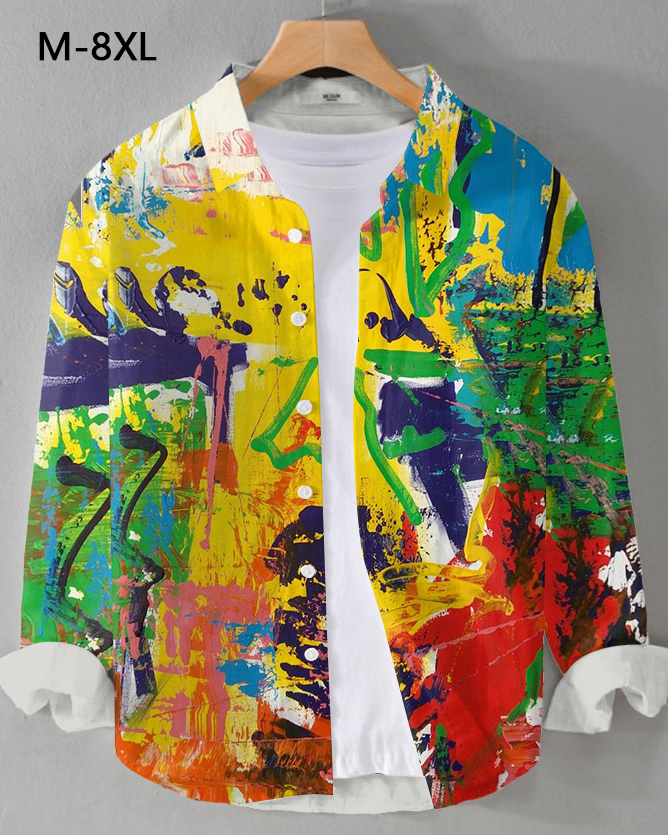 Men's Plus Size Colorful Oil Painting Graffiti Art Long Sleeve Shirt