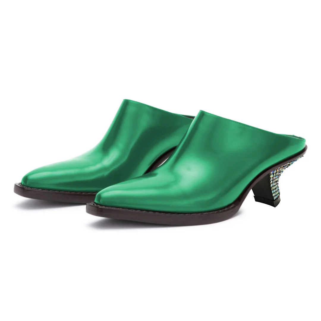 Green Decorative Heel Pointed Toe Mules Shoes with Rhinestones