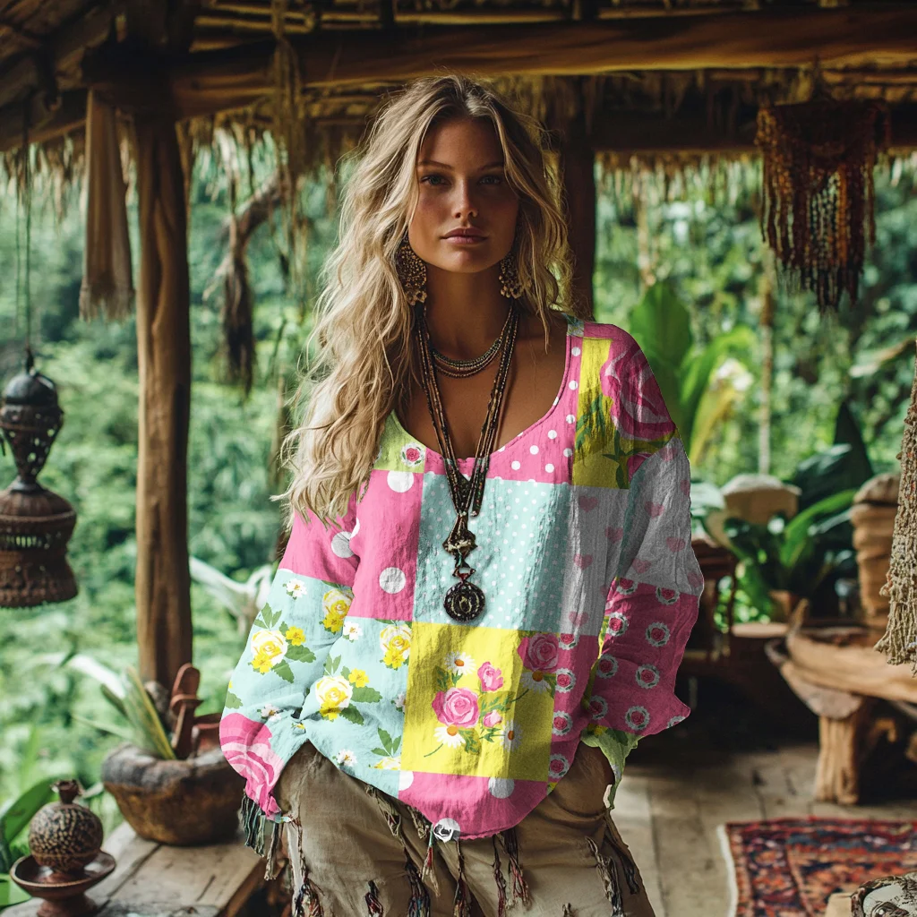Women's Vintage Bohemian Patch Cotton And Linen Shirt