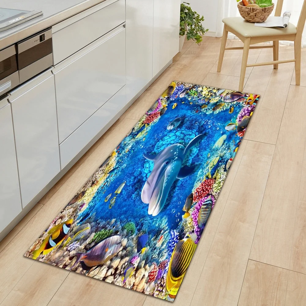 3D Underwater World Kitchen Mat  Entrance Doormat Bedroom Floor Decoration Living Room Carpet Bathroom Non-Slip Rug Long Strip