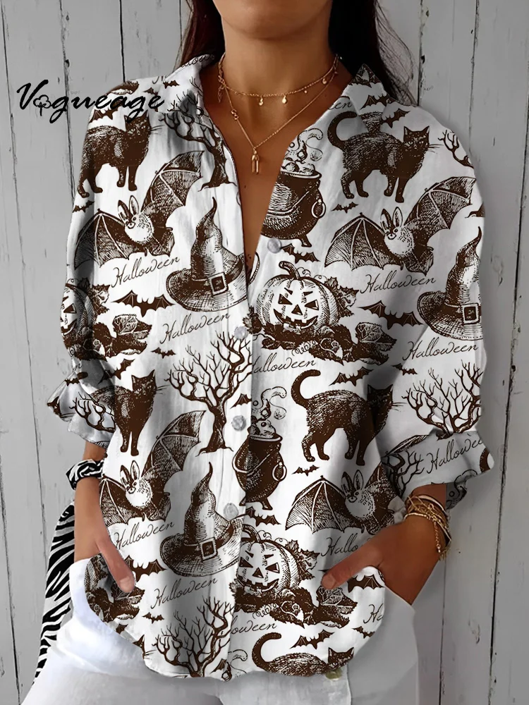Halloween Hand Drawn Sketch Style Bat Pumpkin Monster Lantern Sleeves Printed Cotton And Linen Shirt