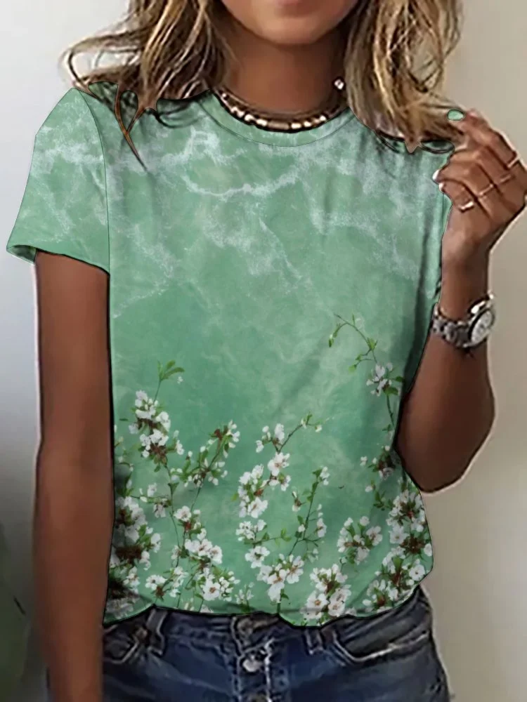 Printed Short Sleeve Casual T-shirt for  Women and Men Unisex Pattern Floral, Green, White